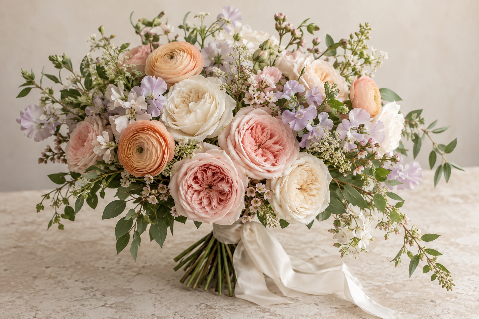 Lush pink, cream, and apricot garden bouquet with an ivory ribbon