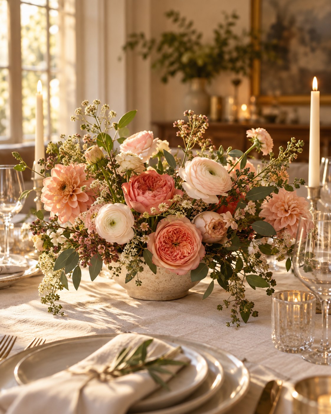 Peach and coral flowers on an intimate candlelit dinner table