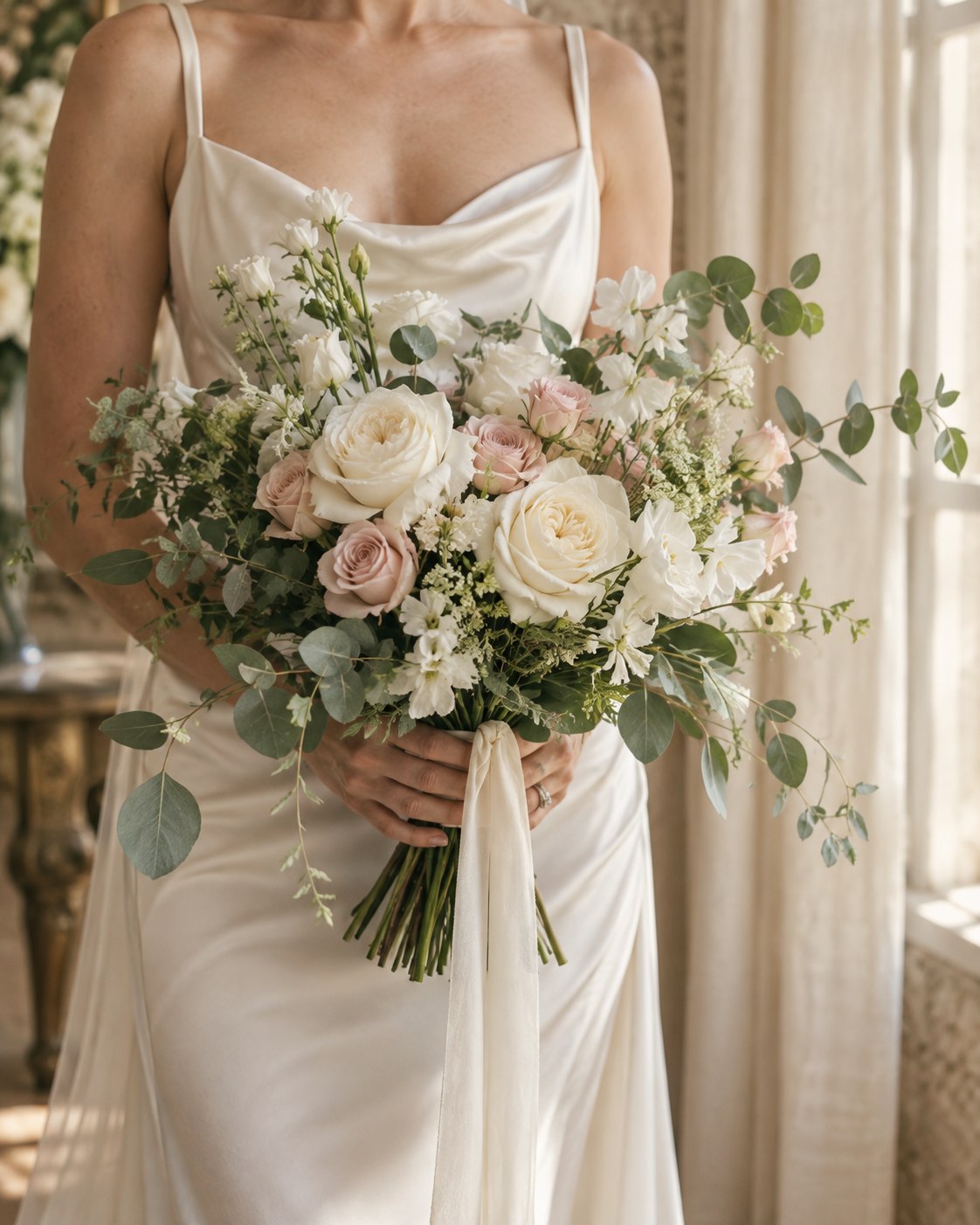 Bride holding an ivory and blush rose bouquet with flowing silk ribbons