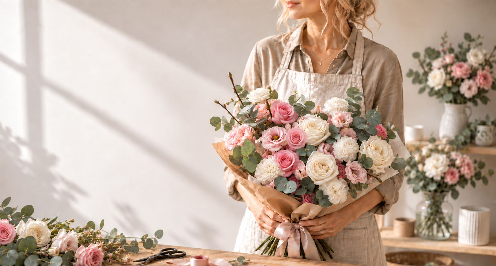 Florist holding a hand-tied bouquet of white roses, pink blooms and eucalyptus, with matching flowers on the table and in studio vases