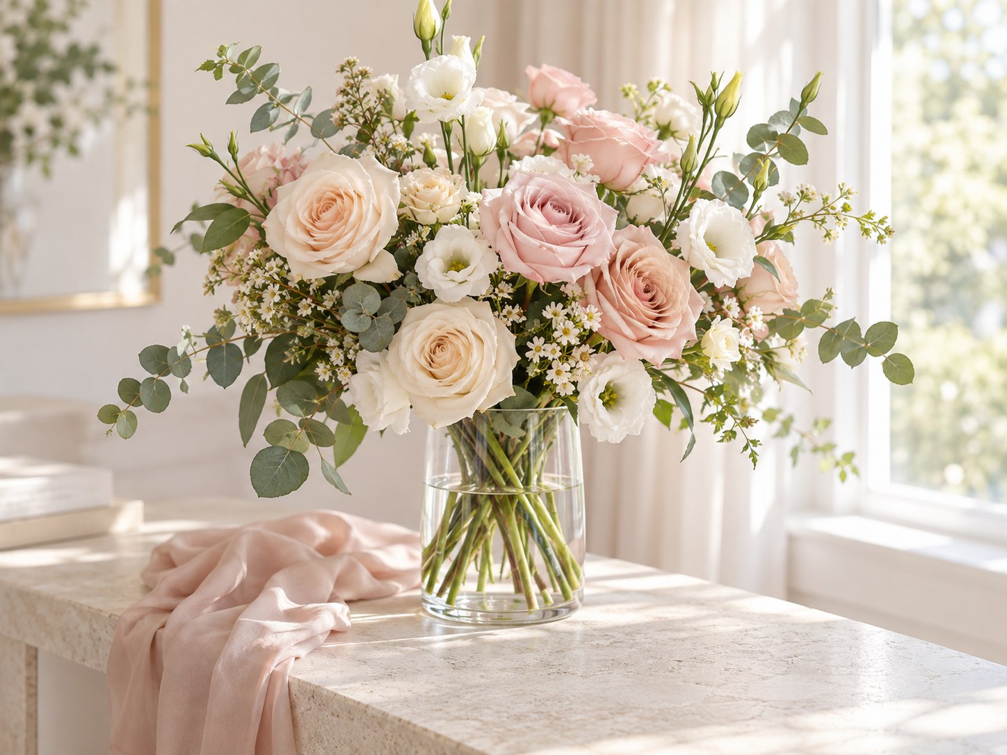 Airy blush and ivory anniversary roses in a glass vase beside a sunlit window