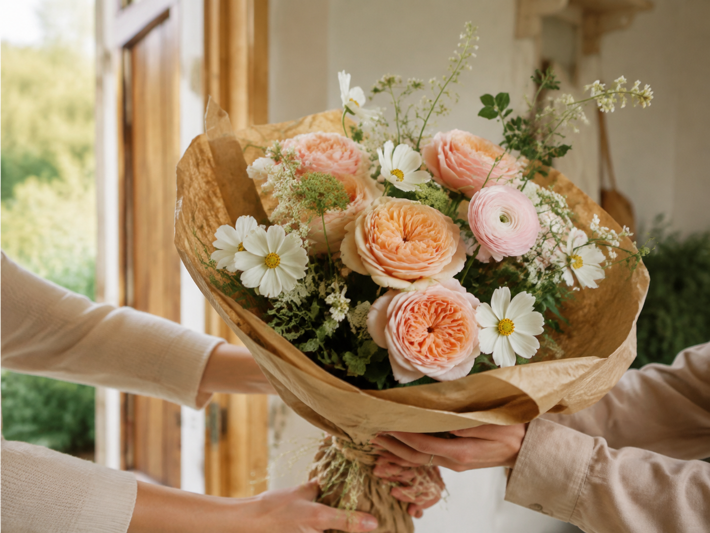 A garden bouquet being handed to someone at their doorway